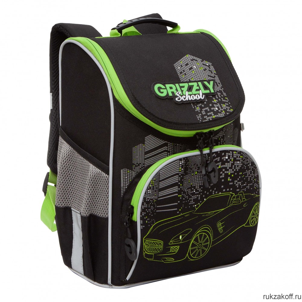 Рюкзак школьный с мешком GRIZZLY RAm-385-2 черный - салатовый
