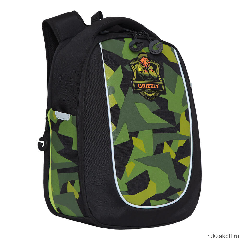 Рюкзак школьный Grizzly RAf-193-8 черный - салатовый