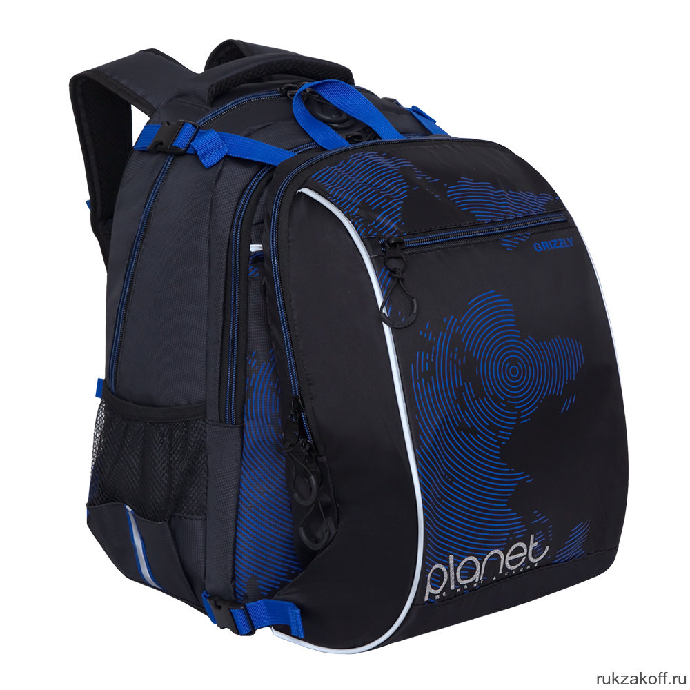 Рюкзак школьный с мешком Grizzly RB-056-1 Чёрный/Синий